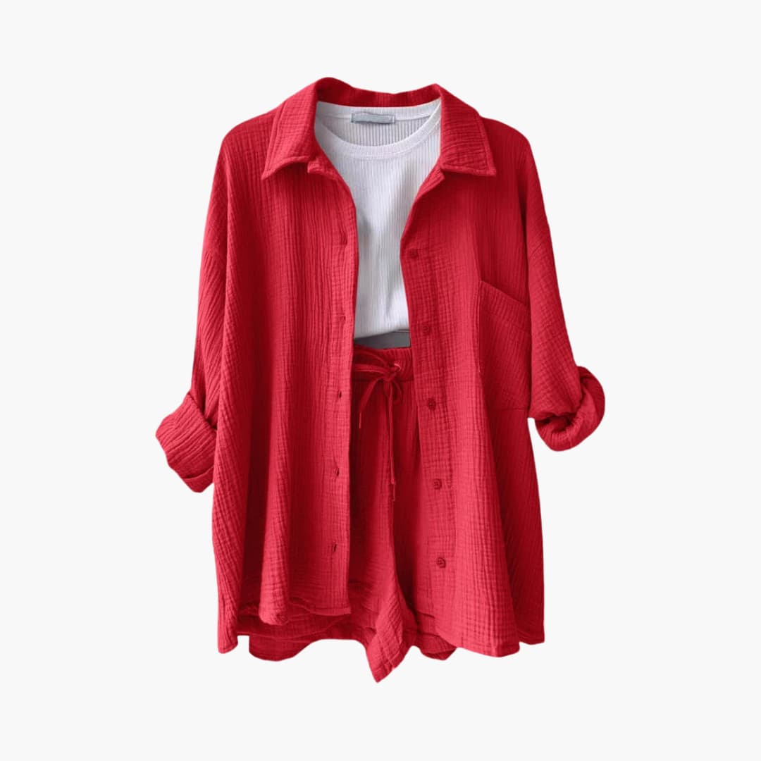 Lara™ - Bekväm Lös Button Top Och Kort 2-delat Set