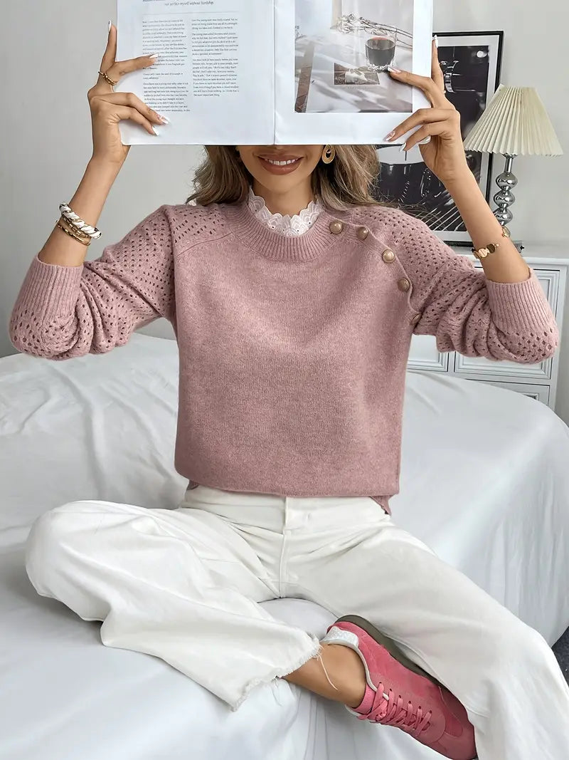 Crelace™ - Stilren Stickad Tröja med Spets och Rund Halsringning