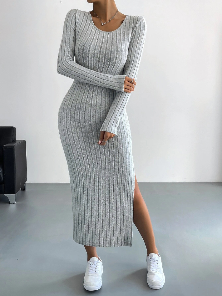 Luxe™ - Ribbad Stickad Långärmad Bodycon Klänning