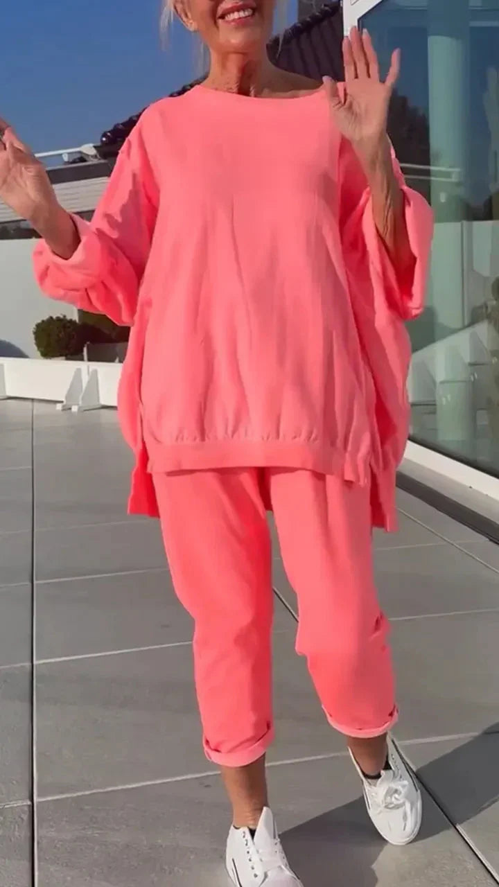 Louniva™ - Kvinnors Lediga Tvådelade Set med Rundhalsad Topp och Byxor