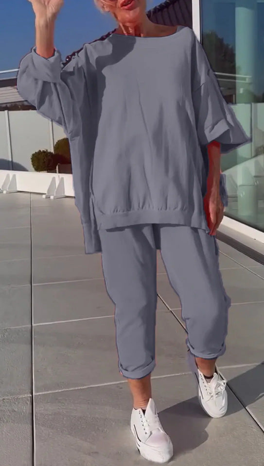 Louniva™ - Kvinnors Lediga Tvådelade Set med Rundhalsad Topp och Byxor