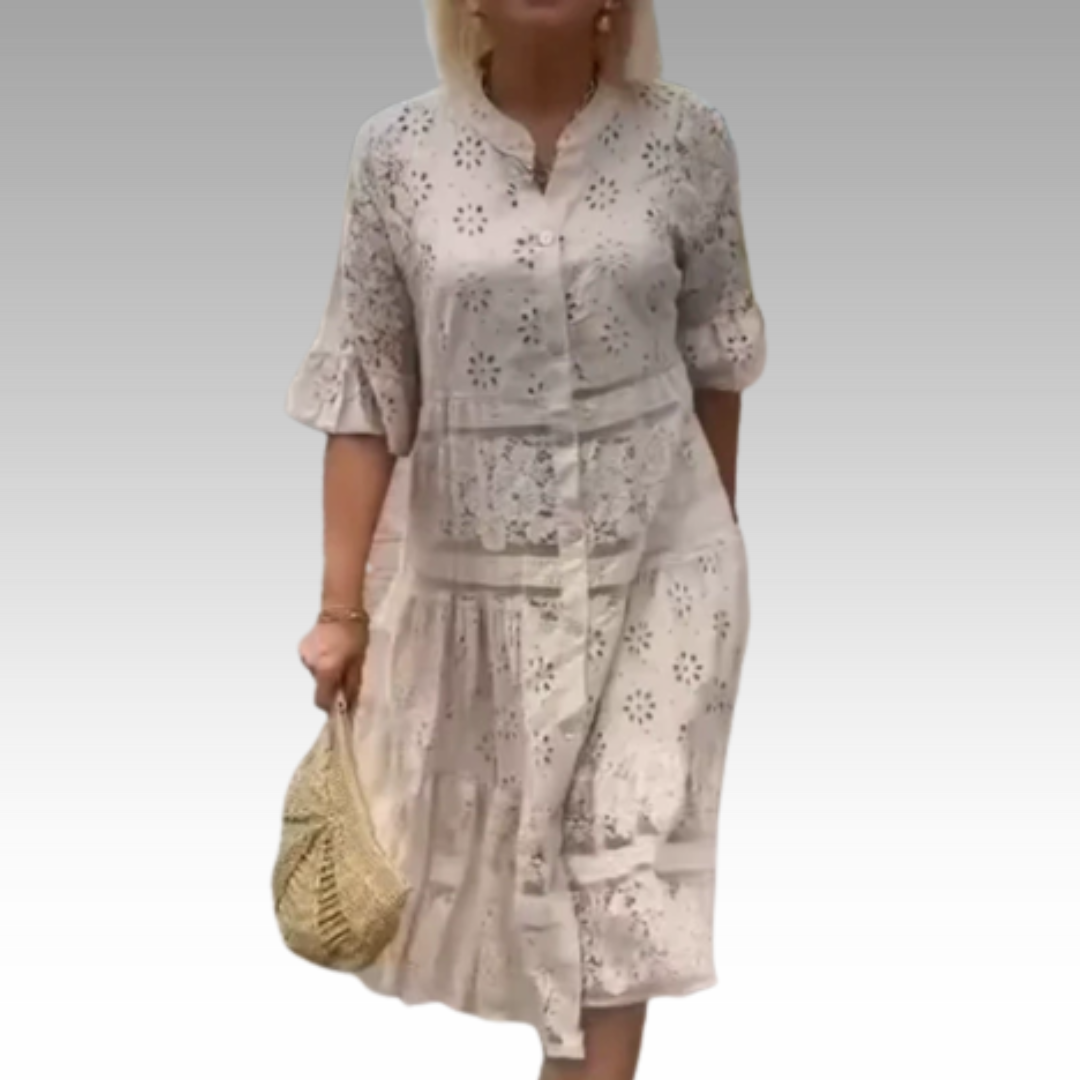 Emberly™ - Ledig Klänning med Broderi och Knäppning