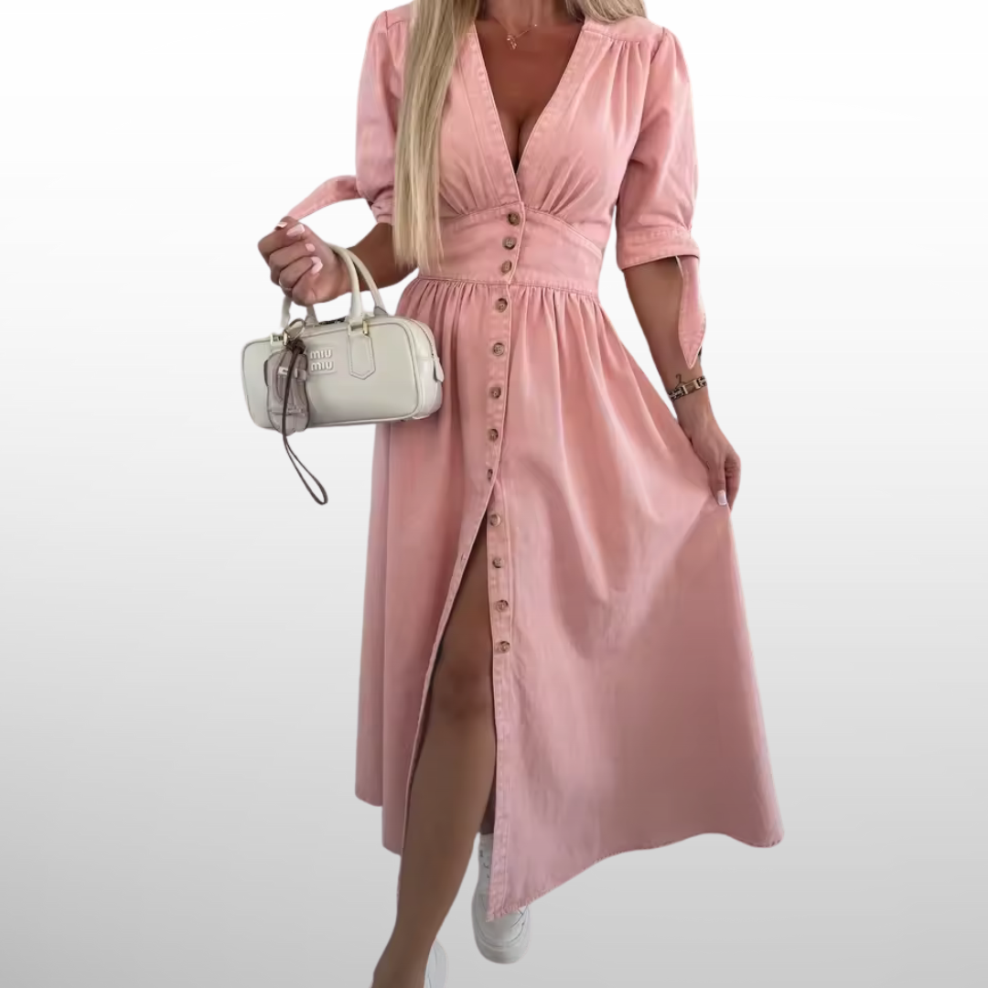 Camille™ - Elegant Vintage Jeansklänning med Knappar